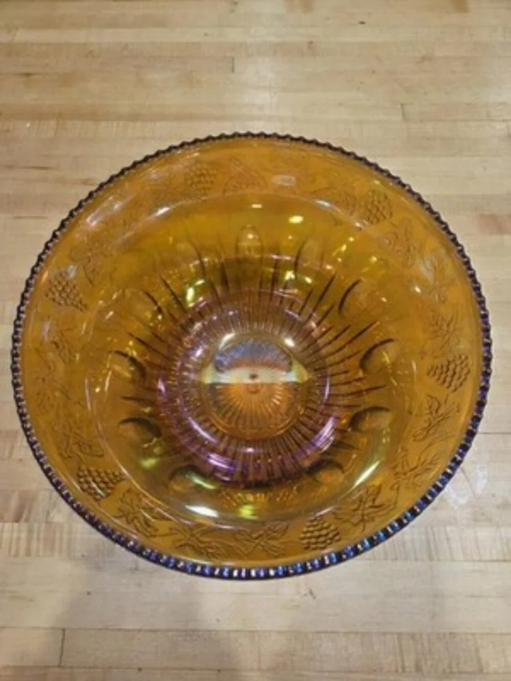 Vintage Indiana Glass Harvest Grape Marigold Carnival Punch Bowl Iridescent 12